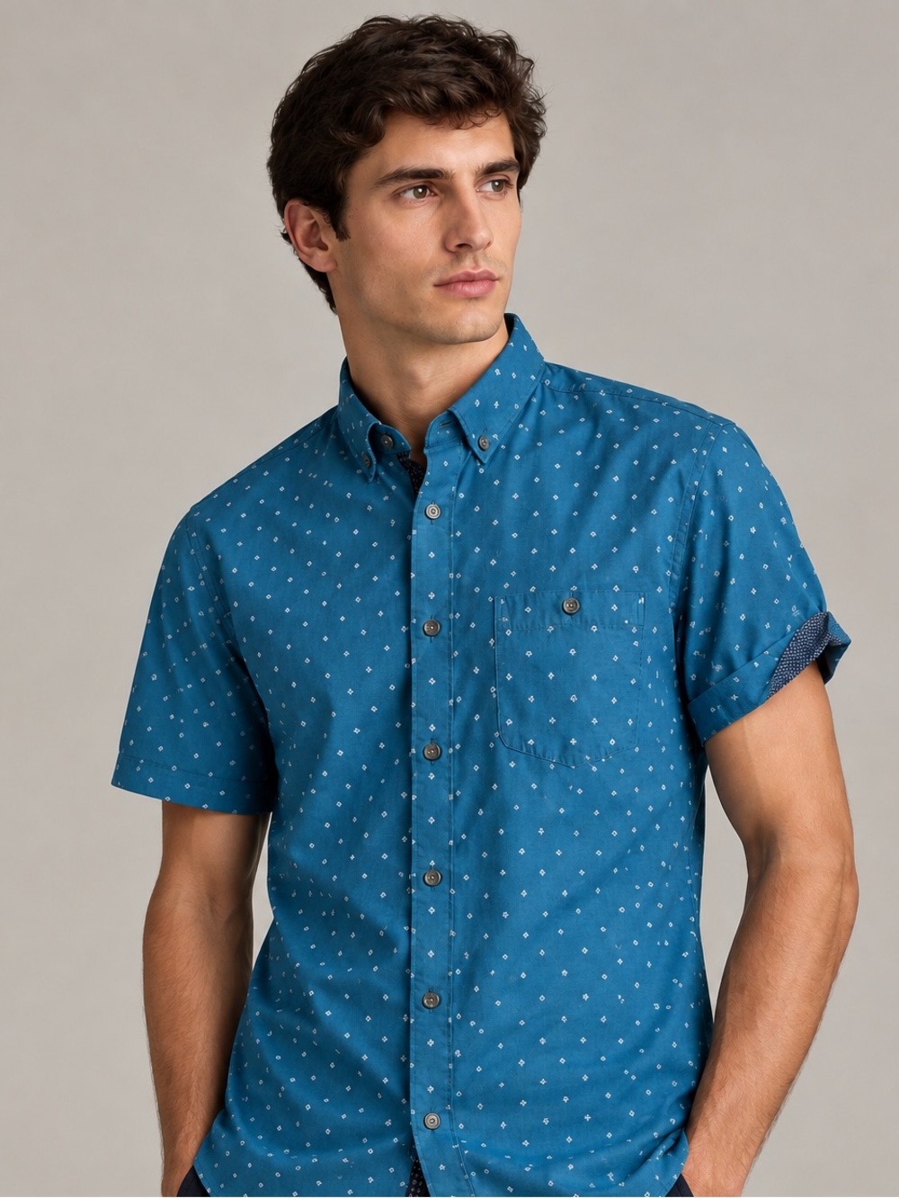 Ted Baker London Blue Short-Sleeve Button-Down with Tiny White Dots